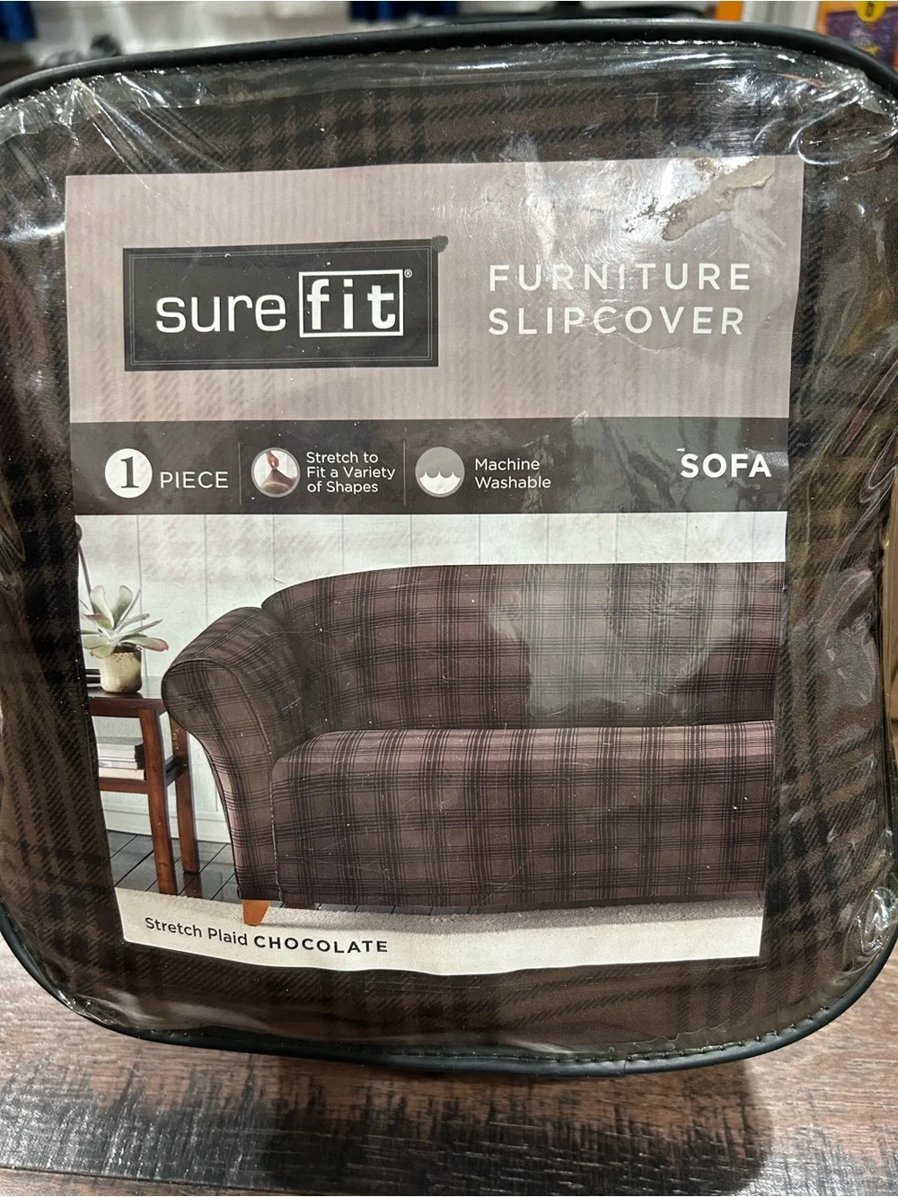 NWT Sure Fit Chocolate Plaid Stretch Sofa Slipcover